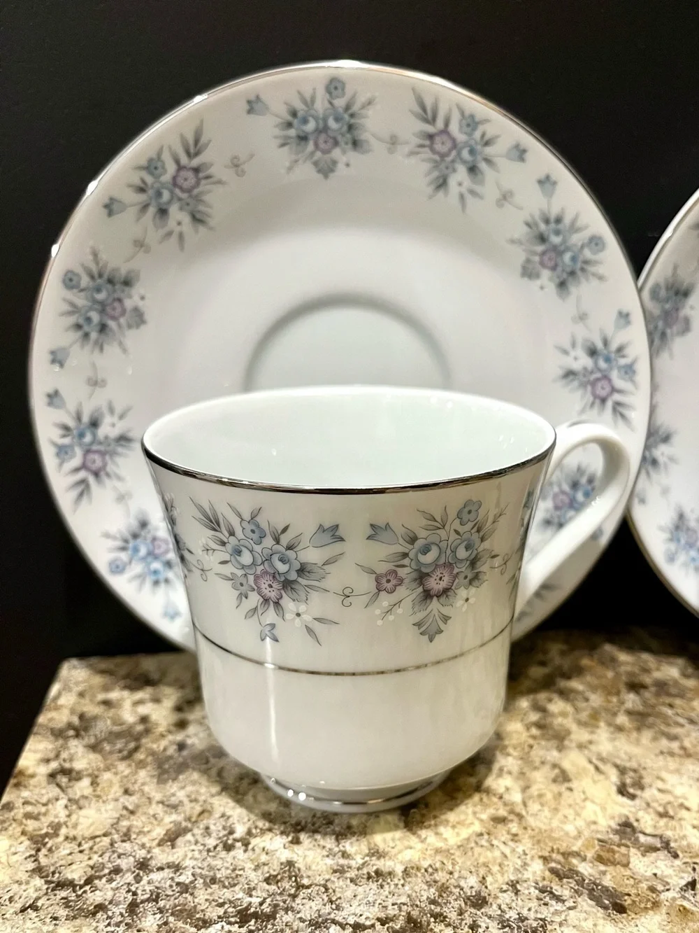 The Wentworth Collection Avington Tea Cups and Saucers with Silver Trim Set of 2